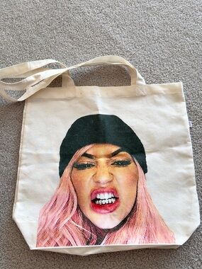 Cream Canvas Tote with Pink Graphic Face Print